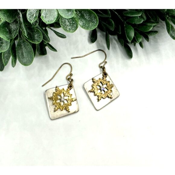 Vintage Snowflake Diamond Square Dangle Earrings Bronze Tone - Picture 1 of 4